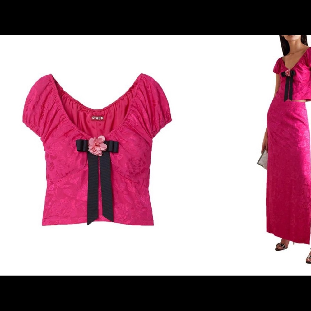 Women's Bow-embellished Floral-jacquard Top, Floral Pattern from STAUD. PINK! 🎀